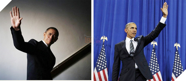 Xiao Jiguo (trái) bắt chước điệu bộ chào giống Tổng thống Barack Obama. Ảnh chụp màn hình trang web của Daily mail