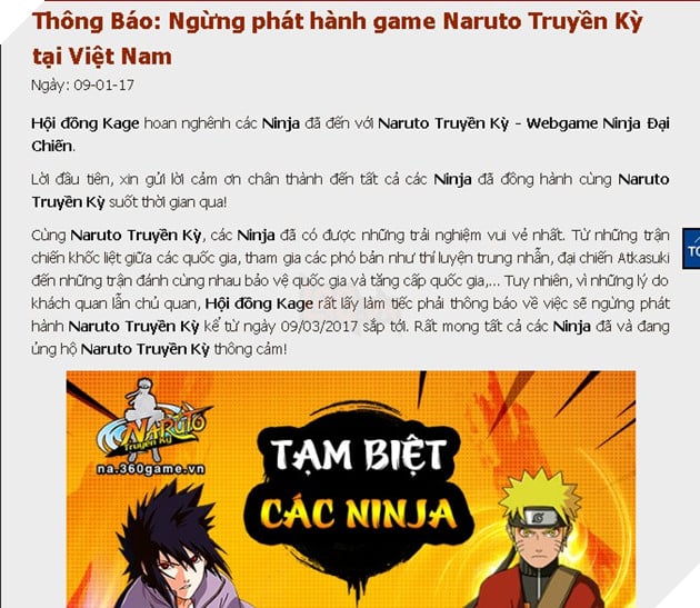 Naruto Truyền Kỳ thông báo đóng cửa Naruto Truyền Kỳ thông báo đóng cửa