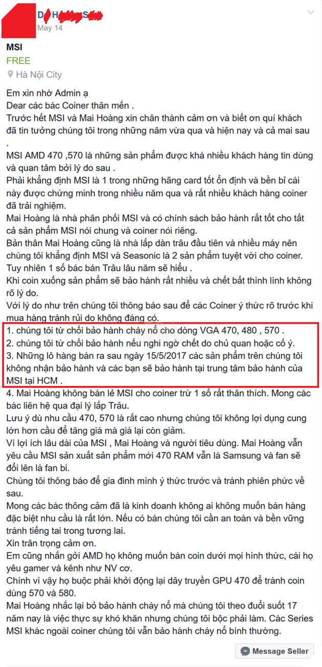 Nhà phân phối Hà Nội từ chối bảo hành card đồ họa "cày coin", muốn bảo hành phải mang đến TP.HCM