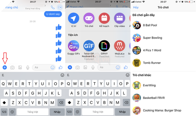 Khi đang trong khung chat, hãy ấn vào dấu cộng ở phía bên trái, sau đó truy cập mục Trò chơi để hiển thị danh sách các game và thách đấu bạn bè ngay lập tức