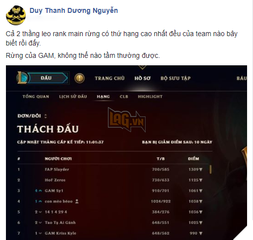 GAM Kriss Kyle đã xuất hiện ở vị trí thứ 7 trên bảng xếp hạng Thách đấu đơn máy chủ Việt Nam
