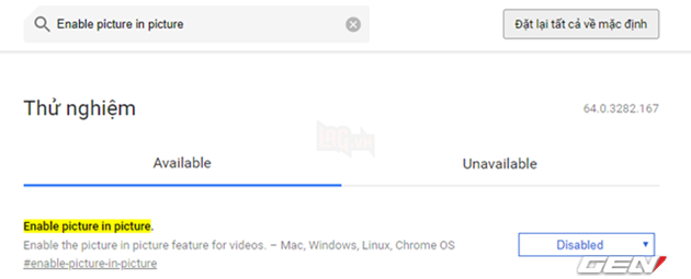 Để kích hoạt, bạn hãy truy cập vào trang Chrome Flags và nhập từ khóa “Enable picture in picture” vào ô tìm kiếm.