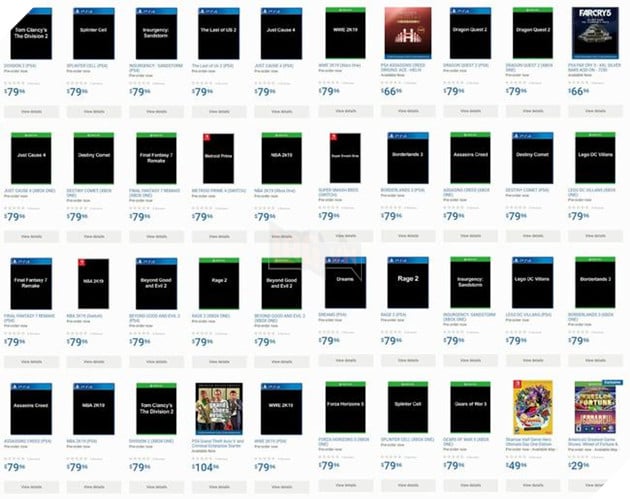 Danh mục hàng loạt game của Walmart, trong đó có không ít game còn chưa ra mắt