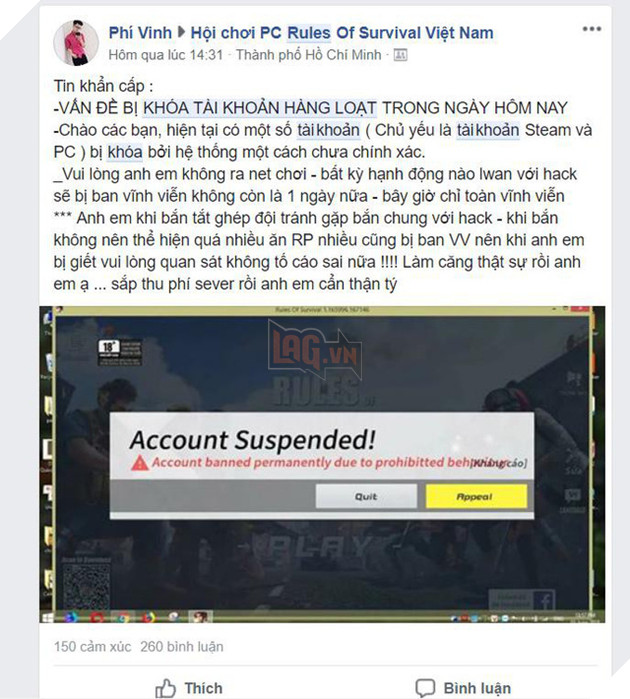 Để tránh bị khóa oan account, game thủ Rules of Survival phải truyền nhau những mẹo hạn chế thực hiện.
