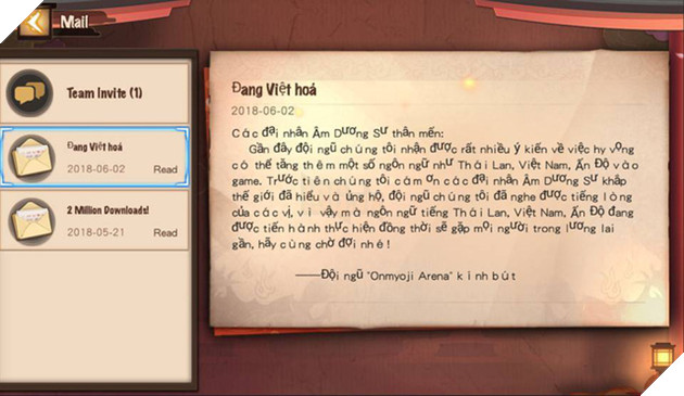 Một lá thư được đội ngũ Onmyoji Arena gửi tới account game thủ có IP Việt Nam đang gây sốt cả cộng đồng.