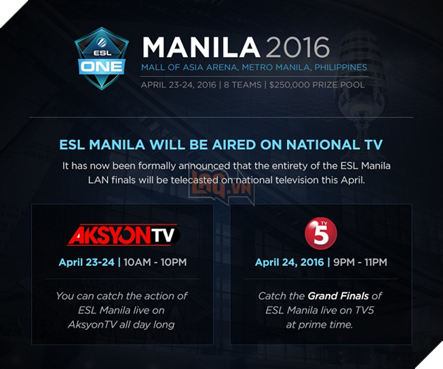 ESL One Manila sẽ được lên sóng truyền hình quốc gia Philippines