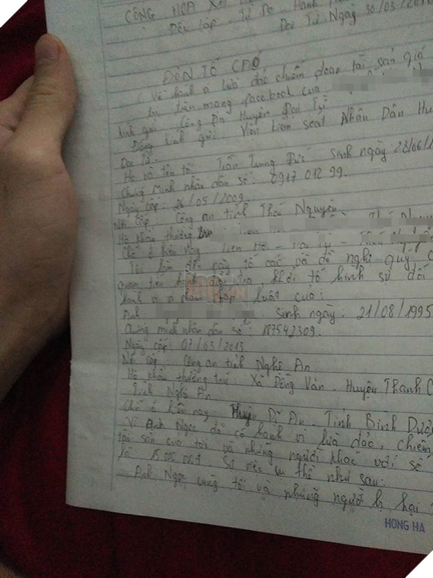 Đơn tố cáo hành vi lừa đảo của N. được anh Đức gửi lên công an