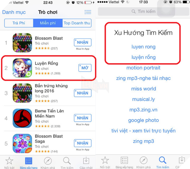 
Luyện Rồng xếp hạng 2 trong TOP Game ăn khách nhất trên AppleStore, đứng TOP 1 về từ khóa tìm kiếm ứng dụng
