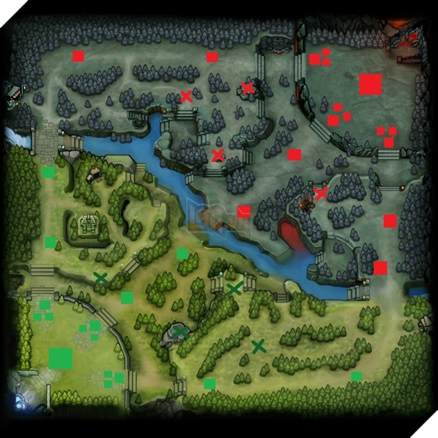 Bạn bên Sentinel thì nên cắm vị trí X đỏ khi có lợi thế và ngược lại, vị trí màu xanh nên cắm khi bạn có lợi thế và đang ở bên Dire