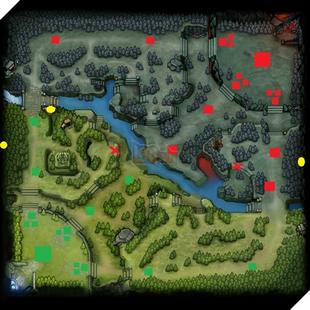 X Màu đỏ là vị trí cắm mắt để gank tinker, Tròn màu vàng để soi vị trí Tinker combo Travel + blink