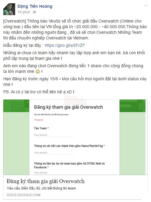 Giải đấu Overwatch đầu tiên tại Việt Nam sẽ do Hoàng ViruSs đứng ra tổ chức