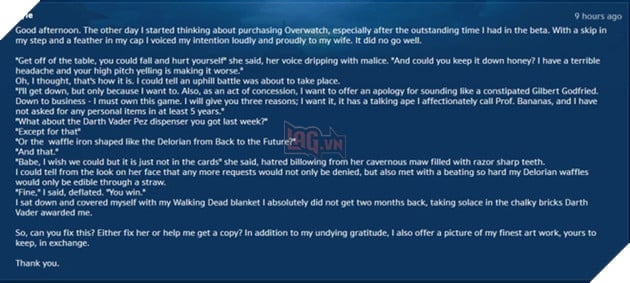 
Lá thư mà Kyle gửi tới bộ phận hỗ trợ Blizzard để xin key Overwatch chùa.
