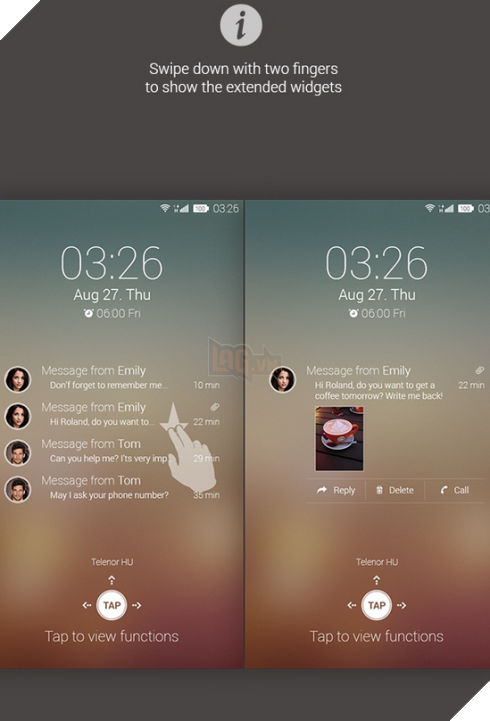 Dùng 2 ngón tay kéo xuống để mở rộng tin nhắn. Tin nhắn có thể được trả lời nhanh từ màn hình khóa.