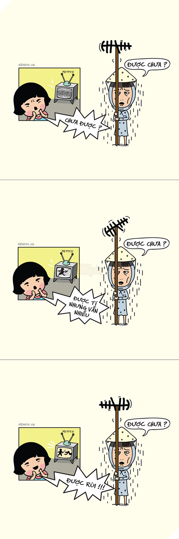 Ti-vi nhà nào có "râu" xịn thì còn đỡ, không thì các ông bố lại vất vả trèo lên xoay sở đủ kiểu, gào thét khản cổ mới bắt được đúng sóng. Mỗi lần bố xoay ăng-ten, nhà có khi lại bắt được mấy kênh mới, có khi lại bị mất thêm mấy kênh cũ...