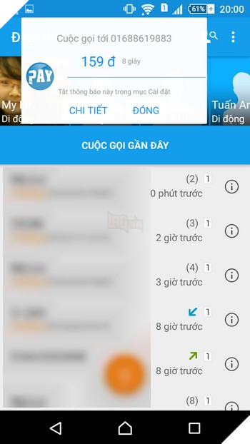 Hộp thoại thông báo số tiền đã sử dụng cho cuộc gọi