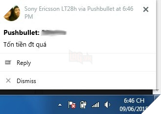 Hộp thoại trên máy tính khi có thông báo đến trên smartphone