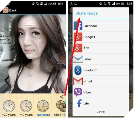 Gương mặt của 20 năm sau (trái) và 60 năm sau (phải)