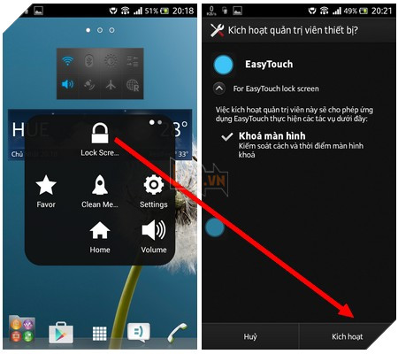 Các tùy chọn khi nhấn vào EasyTouch