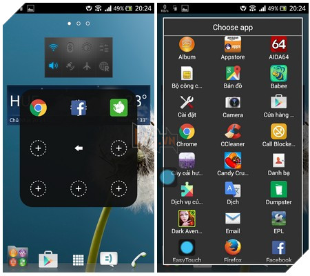 Các tùy chọn khi nhấn vào EasyTouch