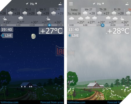 Giao diện khác nhau vào thời điểm tạnh và mưa (giữa ban đêm và ban ngày)