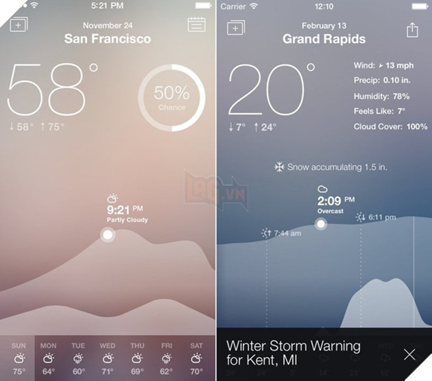 Fresh Air: Yahoo Weather đã có đối thủ, Fresh Air cũng được đánh giá là ứng dụng thời tiết sinh động, trực quan. Bên cạnh đó Fresh Air còn có tính năng kết nối với ứng dụng Lịch và nhắc nhở người dùng về thời tiết trong cuộc hẹn sắp tới.