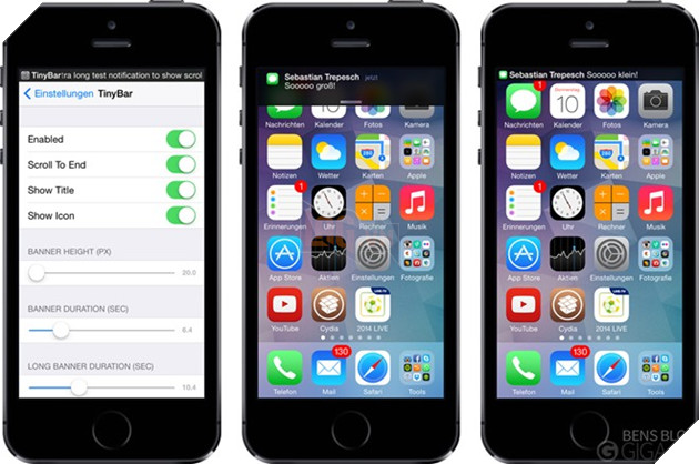 TinyBar: Thu nhỏ kích cỡ Banner của Thông báo trên Status Bar, tweak rất hữu ích với những thiết bị như iPhone 4s, 5, 5s với màn hình nhỏ. Ảnh: giga.de.