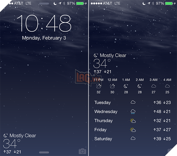 Forecast: Giúp người dung thay đổi Màn hình khóa và Màn hình chính theo thời tiết hiện tại theo Vị trí hiện tại. Ngoài ra tại Màn hình khóe Tweak còn hiển thị nhiệt độ hiện tại và của ngày hôm đó. Bạn có thể trượt Màn hình khóa qua phải để xem dự báo thời tiết chi tiết hơn. Ảnh: idownloadblog.com.