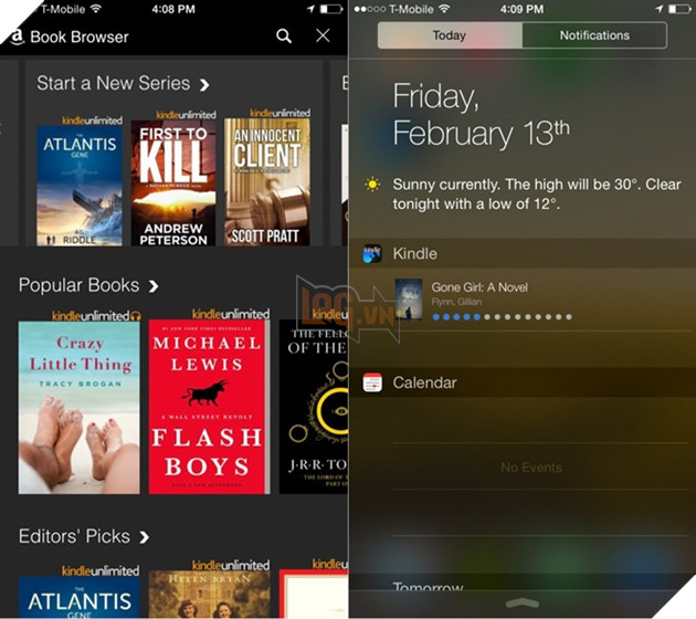 10. Kindle: Được mệnh danh là ứng dụng đọc sách điện tử tốt nhất. với iOS 8, widget của Kindle kết nối trực tiếp với kho sách của Amazon, cho người dùng thông tin các tựa sách được quan tâm nhất từ người dùng và biên tập viên, ngoài ra Kindle cũng cá nhân hóa hơn, chỉ cần chạm vào quyển sách đang đọc, ứng dụng sẽ tiếp tục với mở ra trang người dùng đang đọc.