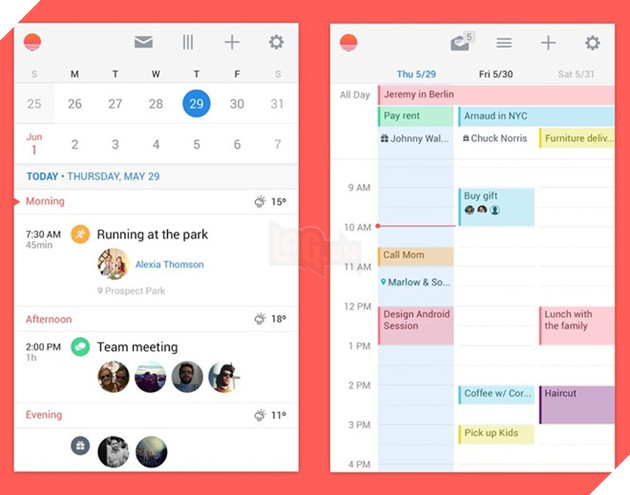 2. Sunrise: Cũng là một ứng dụng từ Microsoft, là sản phẩm thay thế hoàn hảo cho ứng dụng Lịch măc định trên iPhone. Tương tự ứng dụng Lịch của Apple, Sunrise có khả năng lấy dữ liệu từ các ứng dụng lịch năm khác mà bạn sử dụng. Tuy nhiên, không dừng lại ở đây, Sunrise còn có tính năng nhắc nhở, hiển thị thông tin dự báo thời tiết dựa trên địa điểm của người dùng và cơ chế hiển thị thông tin trong ngày thông minh giúp xem nhanh mà không cần nhấn bất kì nút tương tác nào. Sunrise còn khá khả năng đồng bộ đa thiết bị tốt. Công ty tạo ra Sunrise mới được Microsoft mua lại với giá 200 triệu USD.