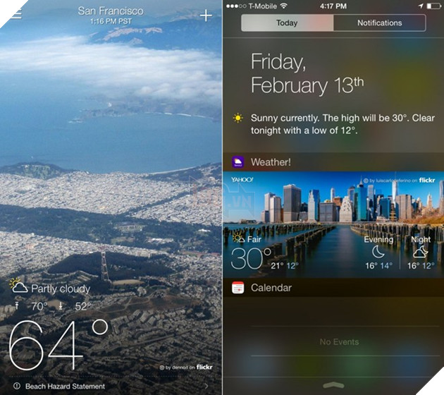 3. Yahoo Weather: Yahoo Weather được mệnh danh là ứng dụng thời tiết đẹp nhất trên iPhone, cung cấp cho người dùng thông tin dự báo thời tiết hàng giờ, hàng ngày với độ chính xác cao. Điểm nổi bật của nó nằm ở ngôn ngữ thiết kế đơn giản cũng như Yahoo sử dụng các bức ảnh có độ nét cao từ kho ảnh Flickr của họ. Với iOS 8, người dùng chỉ kéo màn hình từ phía trên xuống để thấy được widget về thời tiết từ Trung tâm Thông báo.