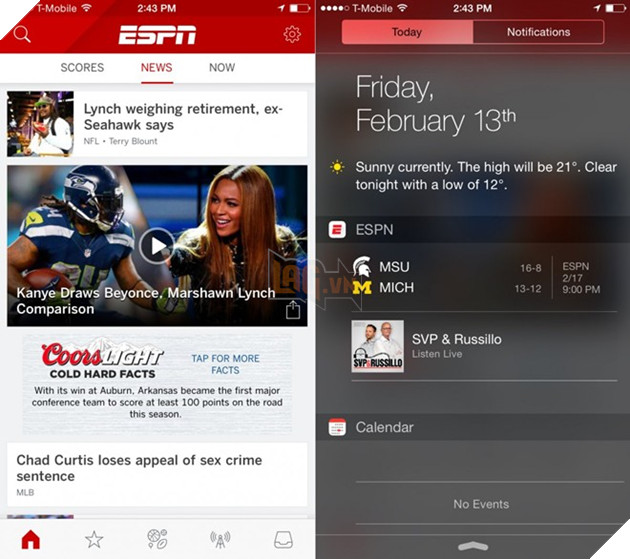 4. ESPN: Nếu bạn là một người đam mê thể thao, không thể bỏ qua các thông tin về thể thao thì ESPN là ứng dụng mà bạn cần có trong chiếc iPhone của mình. Với Widget từ Trung tâm Thông báo, ESPN trở thành một trung tâm thông tin thể thao, chỉ cần kéo màn hình xuống người dùng có thể điểm qua các tin vắn cũng như các chương trình thể thao đang được phát sóng trực tiếp.