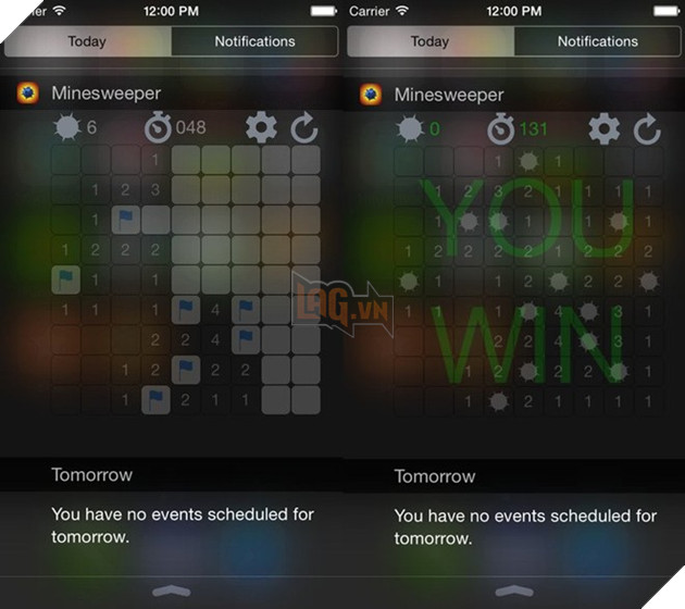 5. Minesweeper: Nếu bạn là một fan của trò “Dò mìn” trên windows thì Minesweeper là một game bạn không thể bỏ qua. Minesweeper chỉ là một trò chơi nhỏ, tồn tại như là 1 widget trên Trung tâm Thông báo. Người dùng chỉ cần kéo trung tâm thông báo xuống và chơi, nhanh và dễ dàng kết nối với Trung tâm Trò chơi của Apple.