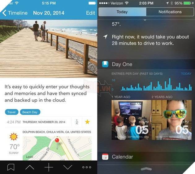 7. Day One: Day One là một ứng dụng viết nhật ký dành cho Mac và thiết bị iOS. Bằng bộ công cụ được cung cấp sẵn, người dùng dễ dàng viết những trang nhật ký sinh động đẹp mắt có đính kèm hình ảnh, video, ngày tháng.... Người dùng có thể đồng bộ hóa những gì mình viết từ Mac lên dịch vụ iCloud hoặc Dropbox để có thể xem chúng trên các thiết bị iOS và ngược lại. Hơn thế nữa, Day One còn cung cấp một hệ thống bảo mật khá tốt, cho phép người dùng thiết lập mật khẩu đối với những trang nhật ký cá nhân. Giờ đây, người dùng chỉ cần kéo Trung tâm Thông báo xuống để tạo nhật ký mới và xem lại những khoảnh khắc của mình trước đây.