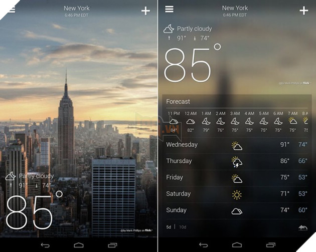 7. Yahoo Weather: Yahoo Weather là ứng dụng thời tiết được thiết kế đẹp nhất trên iPhone. Nó cung cấp cho bạn thông tin dự báo thời tiết hàng giờ, hàng ngày với độ chính xác cao. Điểm nổi bật của nó nằm ở ngôn ngữ thiết kế đơn giản cũng như Yahoo sử dụng các bức ảnh có độ nét cao từ kho ảnh Flickr của họ. Mặc dù cả Yahoo Weather lẫn ứng dụng Thời tiết mặc định đều lấy dữ liệu từ The Weather Channel nhưng Yahoo Weather được đánh giá cao hơn ở khía cạnh thẩm mỹ.