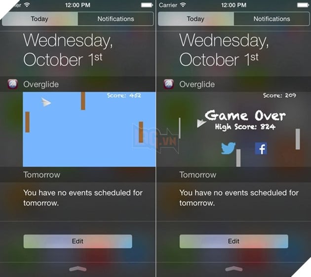 9. Overglide: Overglide là một game tương tự Flappy Bird, cũng được thiết kế với đồ họa đơn giản. Người dùng chỉ cần kéo trung tâm thông báo xuống và điều khiển chiếc máy bay của mình không đâm vào tường để giành điểm số cao nhất.