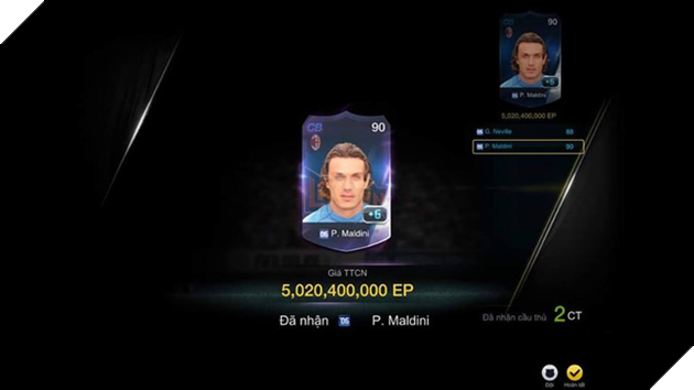 
Một phần quà là Maldini ở mức thẻ + cao nhất là +6 có giá hơn 5 tỷ. Dám cá là người chơi không nạp thẻ thì cày tiền cả năm mới may ra có nổi 5 tỷ EP.
