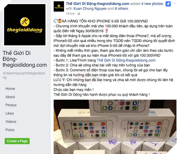 Tin rao iPhone 5/5S giá 100.000 đồng của trang giả Thế Giới Di Động - Ảnh chụp màn hình