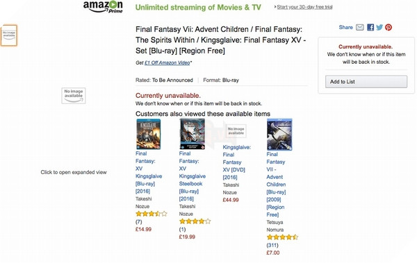 Danh sách phim Final Fantasy bản Blu-Ray “lên kệ” Amazon