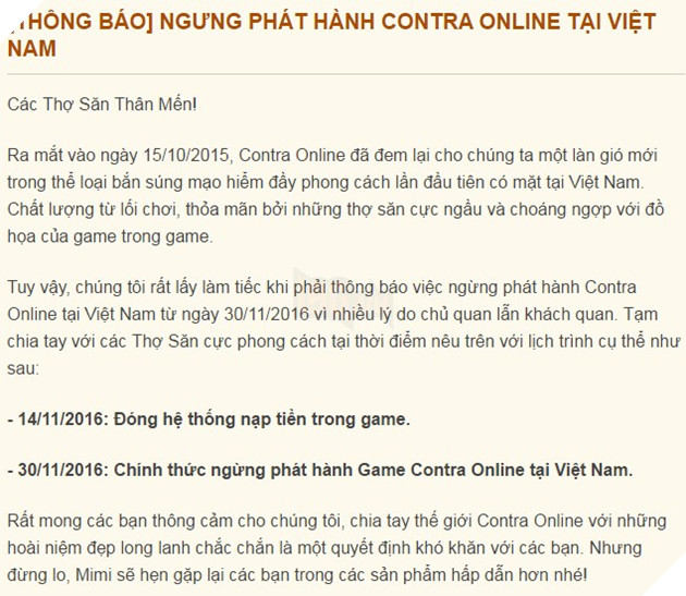 Contra Online đóng cửa