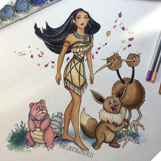 Công chúa Pocahontas trông rất hợp gu với các Pokemon Slowbro, Eevee và Duduo