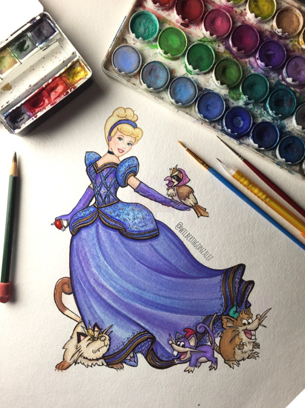 Công chúa Lọ Lem Cinderella bên cạnh những chú chuột Pokemon Rattata và Raticate đã tiến hóa