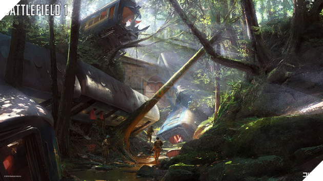 
Bản đồ Argonne Forest với bối cảnh rừng rậm xen kẽ bởi những toa tàu đổ nát.
