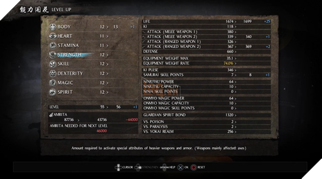 
Bảng chỉ số của nhân vật trong Ni Oh.
