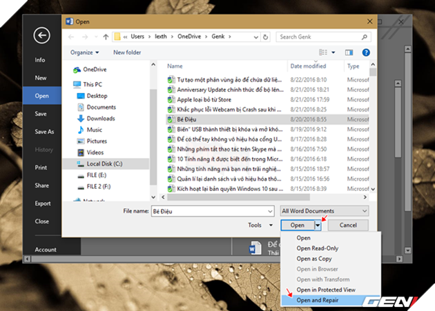 Những giải pháp giúp khôi phục lại tập tin Word bị lỗi trong Office 2016 5