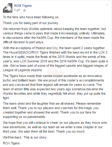 ROX Tigers tuyên bố sẽ tiếp tục chiến đấu dù nhiều tin đồn giải thể