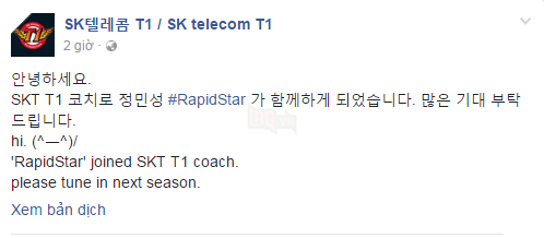 LMHT: RapidStar sẽ là huấn luyện viên chiến thuật mới của SKT T1