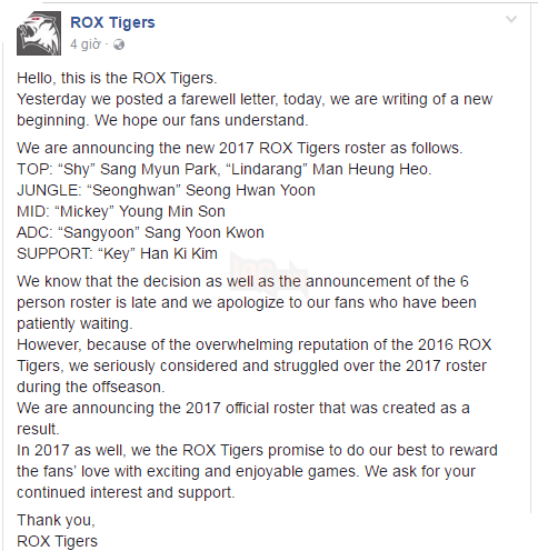 LMHT: ROX Tigers bất ngờ công bố đội hình mới cho năm 2017