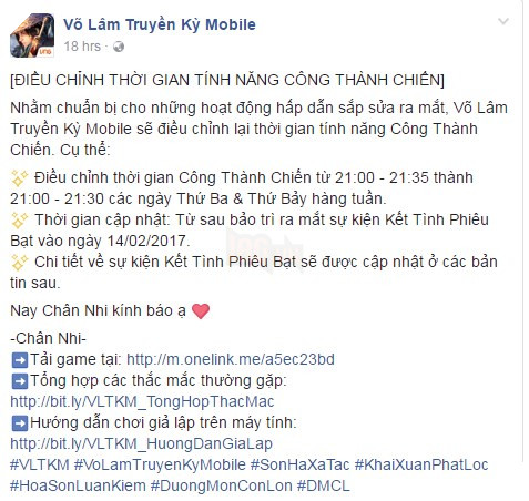 VLTK Mobile: Điều chỉnh giờ Công Thành Chiến nhằm tránh trùng giờ Hoa Sơn Luận Kiếm