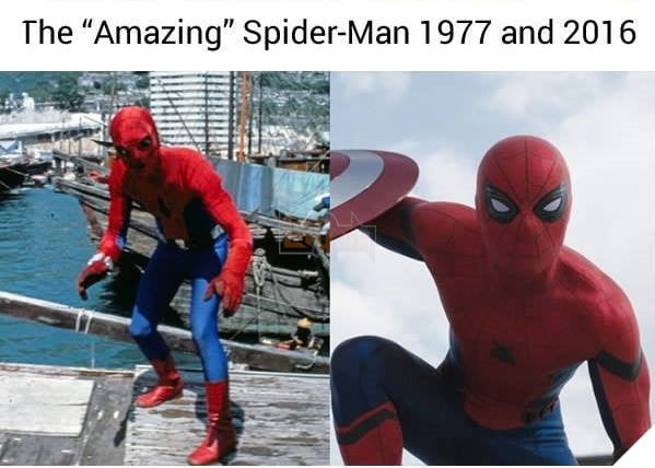 
Spider-Man phiên bản năm 1977 bị so sánh với một thây ma biết đi bởi thời đó vẫn chưa thể làm ra chiếc kính ngầu mà dễ nhìn cho diễn viên được.
