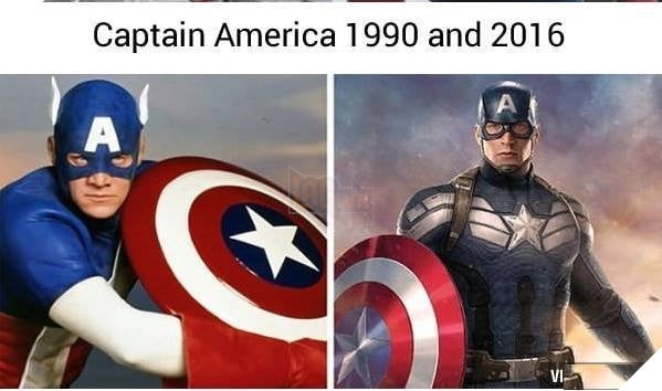 
Captain America là một nhân vật huyền thoại và chiếc khiên của anh thì có lẽ chưa bao giờ phải thay đổi một chi tiết nào. Duy có hai đôi cánh trên mũ là đã phải loại bỏ để trông người lớn hơn.
